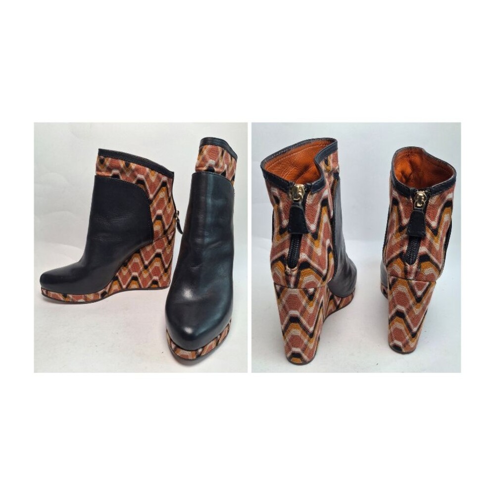 MISSONI Wedge Ankle Boot Chevron Fabric Black Leather Women 37 Zipper Party